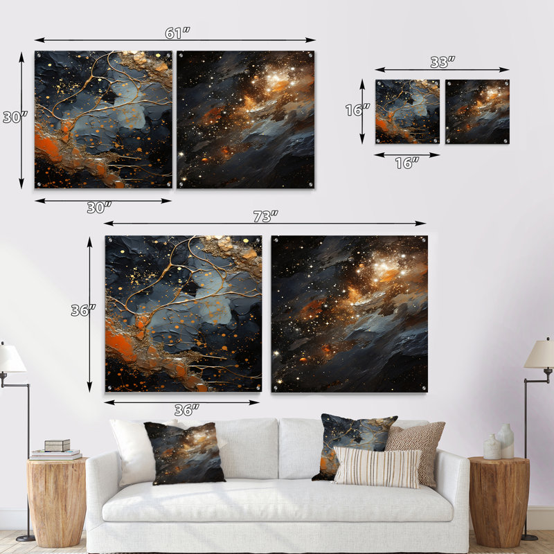 Abstrait or et noir Constellation I - ensemble de 2 peintures murales abstraites en acrylique, H 16 po x l 33 po