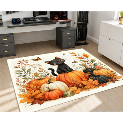 Tapis d'intérieur motif aquarelle chat noir, citrouille et feuilles d'automne, thème Halloween, surface en velours, antidérapant, décoration automnale éclatante pour salon, chambre, cuisine, entrée