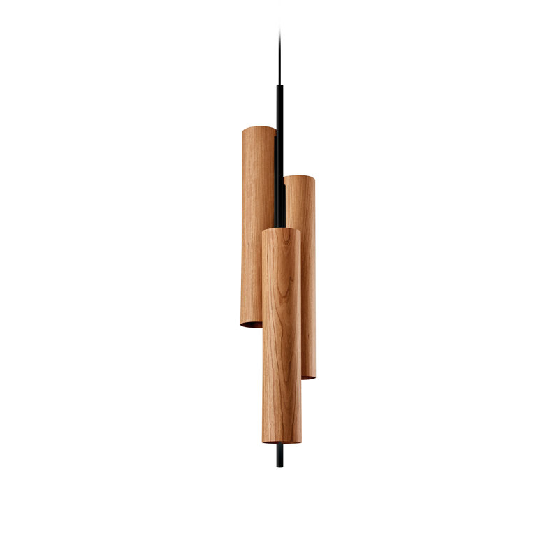 Black Note Triplet Suspension Light - DIM0-10V LED - Rounded Tube, Matte Black, Natural Cherry