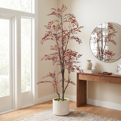6ft Faux Nandina Tree in Pot, Realistic Red Leaf Artificial Shady Lady Floor Tree for Living Room, Office & Entryway Decor