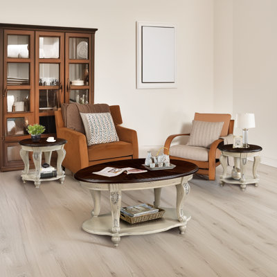 Top (Chipped Look Design)   Downloads: 220  Living Room Coffee Table Set, Coffee Table & Two End Side Table 3-Piece Set for Office, Living Room, Apartment, Beige and Espresso Top (Chipped Look Design) 