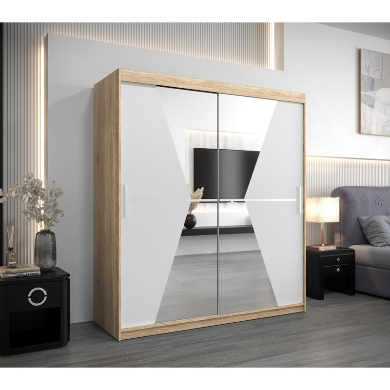 Bromberg 2 Door Manufactured Wood Wardrobe, 200cm H x 180cm W x 62cm D, Sonoma/White