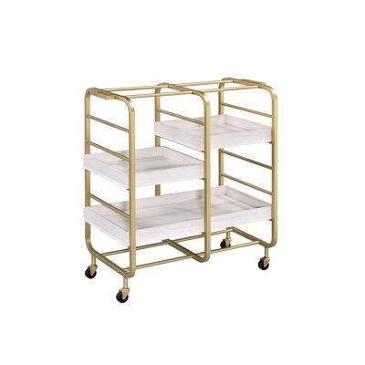 Rectangular Serving Cart With 3 Adjustable Wooden Trays In Gold And White Finish Open Compartments & Design