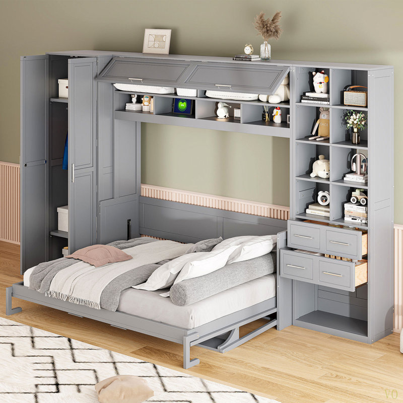 Grand lit escamotable mural avec placard, tiroirs et tablettes, Gris