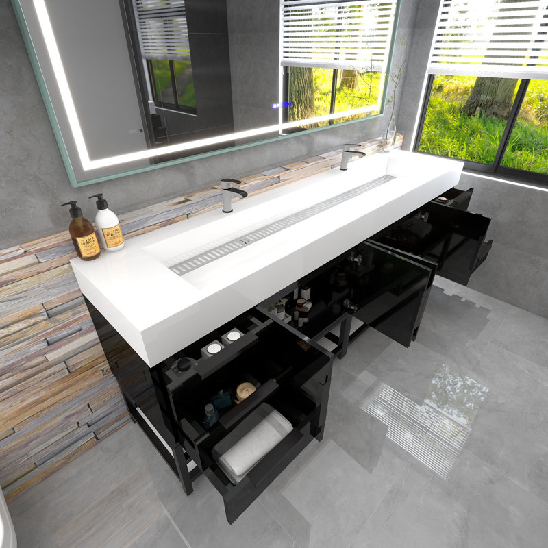 Finition du meuble-lavabo sur pied simple 84 po Jessica / Base: Chêne teck, Noir brillant