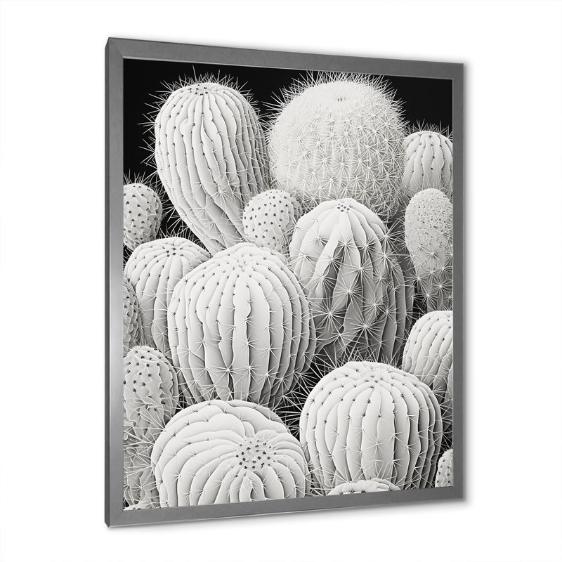 " Black White Minimalism Cactus ", 32" H x 16" W x 1" D, Silver Single Picture Framed