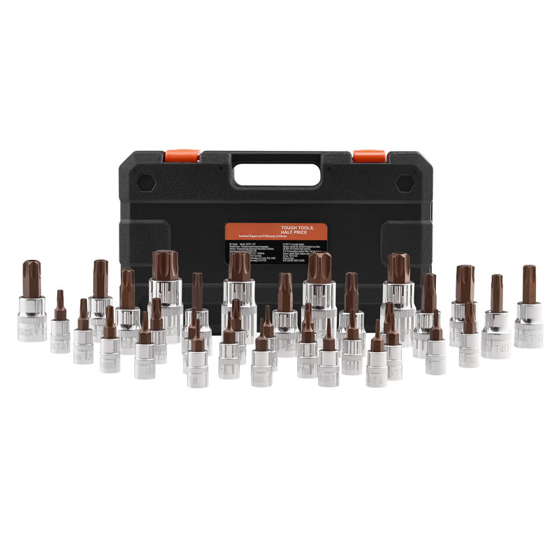 Ensemble de douilles d'embout Torx 34 pièces en acier allié T6-T70 de qualité supérieure | 13,31 po x 7,68 po x 2,09 po | Acier | Acier | Noir