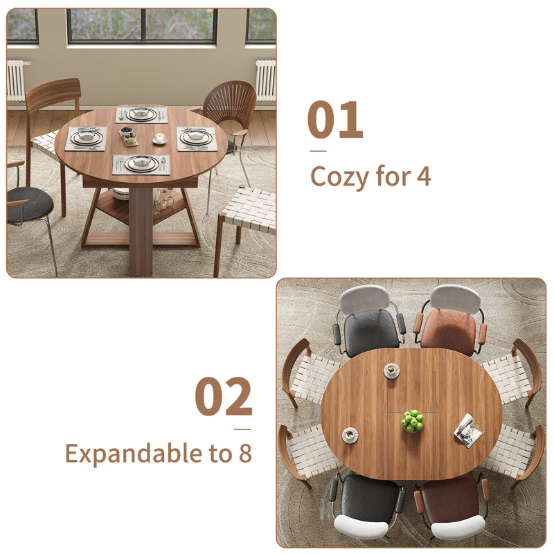 Extendable Round Dining Table For 4-8, 43.3" To 59" Convertible Oval Kitchen Table With Storage Shelf, For Small Space, Breakfast Nook, Apartment, Modern Farmhouse