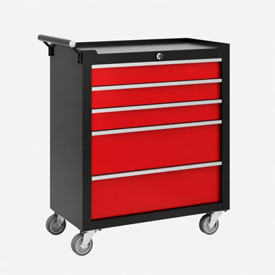 Coffre à outils roulant de 24 pouces à 5 tiroirs avec roues et freins, armoire à outils verrouillable robuste avec compartiment supérieur, glissières à roulement à billes, doublures de tiroir et poignée latérale - rouge / noir
