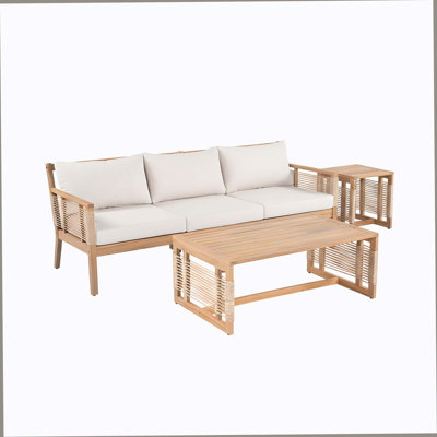 Ensemble de canapé d'extérieur en bois d'acacia 3 places avec 2 tables basses pour le jardin, la cour, le bord de la piscine, le look teck et un coussin beige