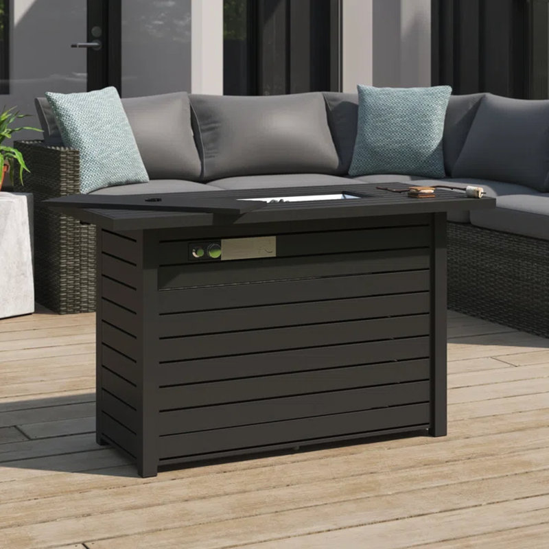 Table de foyer d'extérieur en acier de 25 po H x 42 po avec couvercle, style moderne, noir, flamme réglable, matériau inoxydable moderne, légendaire