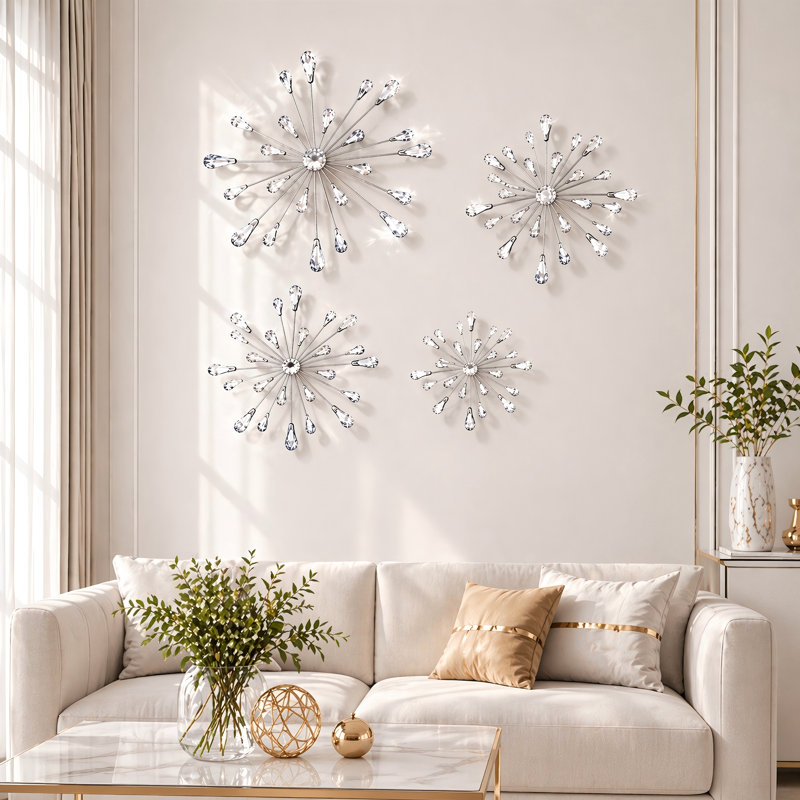 Starburst, ensemble de 4 décorations murales en métal argenté en strass 3D pour le salon, la chambre à coucher et le bureau