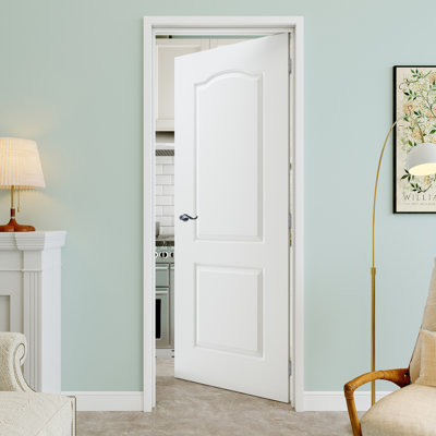 Porte pré-suspendue intérieure moulée 28 po x 80 po à 2 panneaux avec levier incurvé et charnières argentées, dalle de porte unie, peignable et imperméable, combinaison pour la lessive, portes de placard, portes de pièce, droite