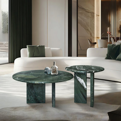Ensemble de tables basses gigognes en marbre naturel vert (2 pièces) - Centre de table rond en pierre moderne