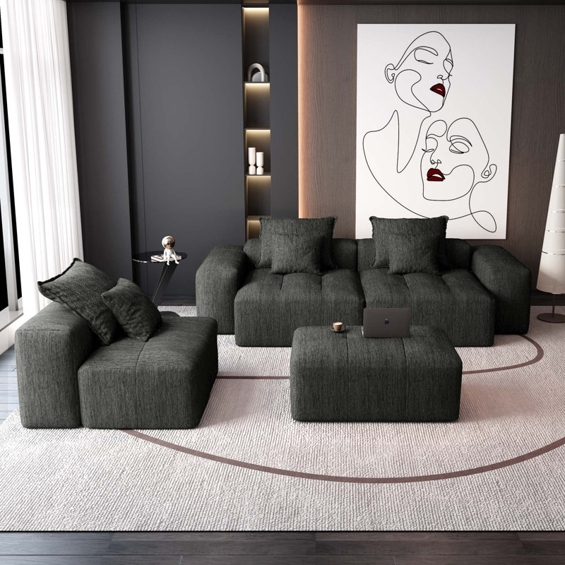 Canapé modulaire Boneless 6 pièces avec 6 coussins, Chenille noire