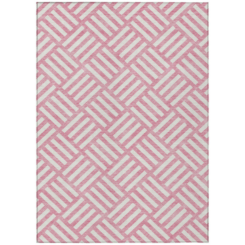 3' X 5' Pink And Ivory Geometric Washable Indoor Outdoor Area Rug