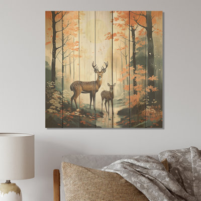 «Deer Family In The Woods II» - impression d'un animal chevronné sur bois