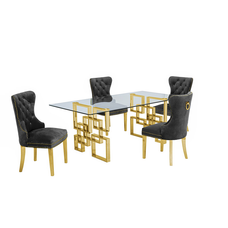 Toombs Glass Top Double Pedestal Dining Set, Dark Gray/Gold, 5