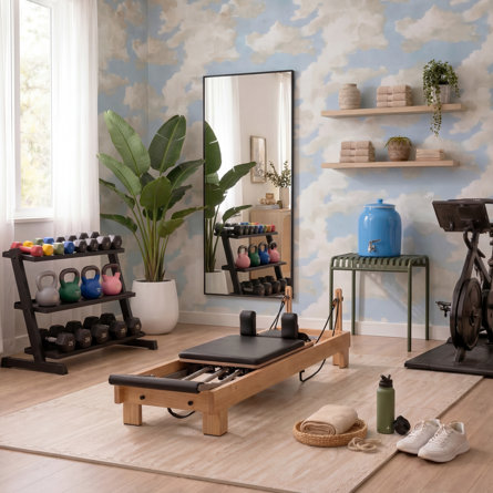 A stylish home gym featuring a pilates reformer, dumbbells, kettlebells, an exercise bike, a full-length mirror, floating shelves, and cloud-patterned wallpaper