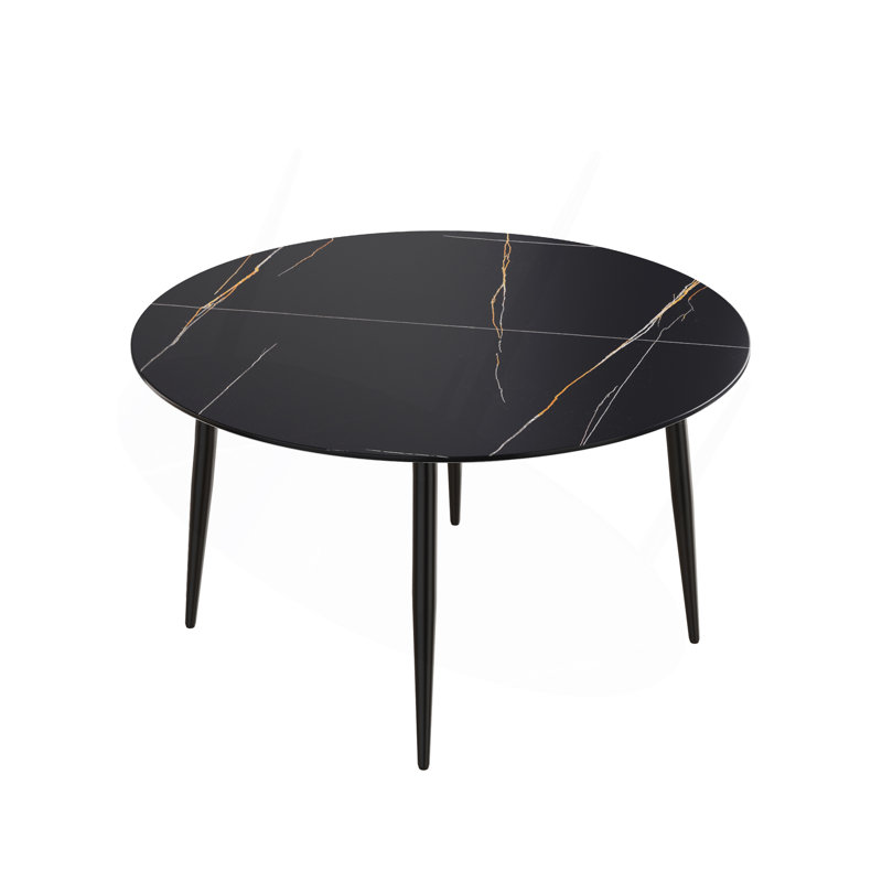 Table de salle à manger ronde 53,15 po en pierre artificielle noire avec pieds en métal noir - peut accueillir 6 personnes.