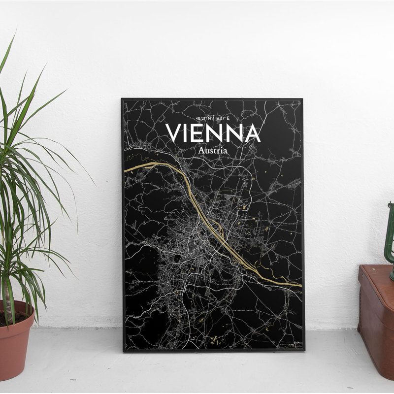 Vienna City Map - Unframed Graphic Art Print on Paper, 91.4cm H x 61cm W x 0.13cm D, Black/Red