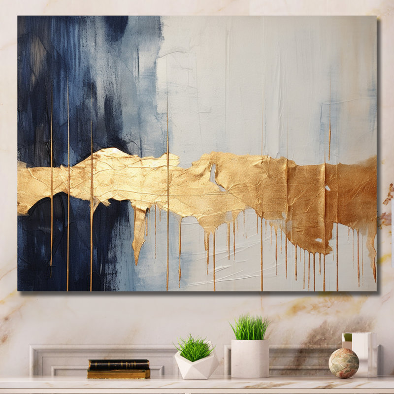 Waves Of Joy Minimal Nova - bleu et or I - peinture abstraite, art mural, H 34 po x l 44 po x P 1,5 po, Toile tendue