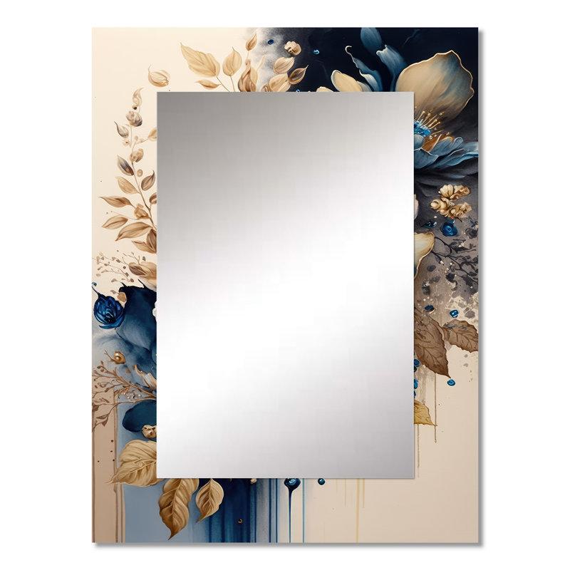 «Blue and Gold» Floral Bunch III - grand miroir mural floral, miroir traditionnel unique, impression d'art en métal