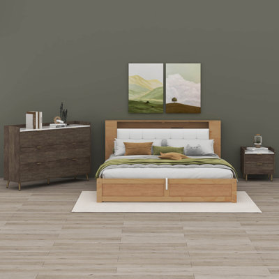 Ensemble de chambre à coucher 3 pièces avec grand lit tapissier avec veilleuses, table de chevet et commode activées par le mouvement