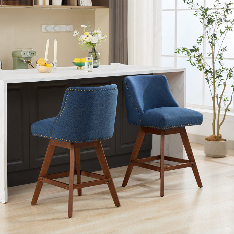 Counter Height Swivel Barstools, 26'' H Seat Height Upholstered Bar Stools Set Of 2, Fabric In Blue