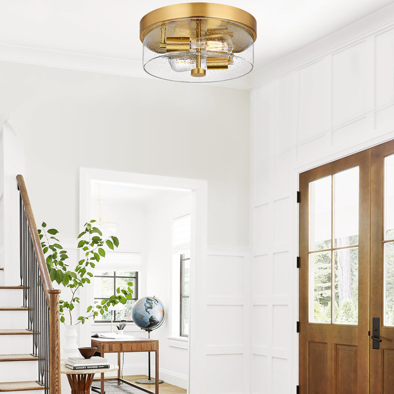Flush Mount Ceiling Light Fixtures, 2-Light Gold Ceiling Mount For Farmhouse With Seeded Glass Lampshade, Industrial Flush Mount Light Fixture Farmhouse