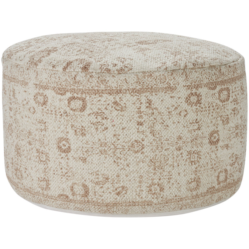 Ivory Beige Cotton Upholstered Round Pouf with Faux Leather Handle