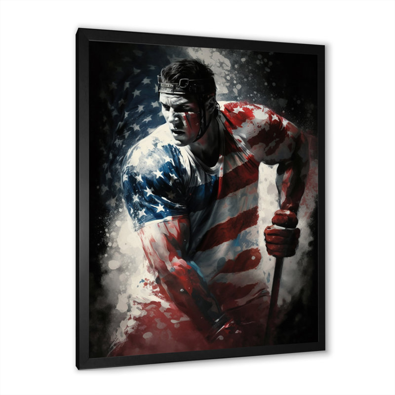 Hockey jouant sur la patinoire - Impression sur toile, H 40 po x l 30 po x P 1,5 po, Cadre photo noir