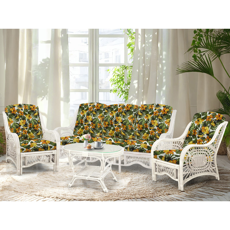 Floral Upholstered White Wash Rattan Lounge Set with Glass Coffee Table