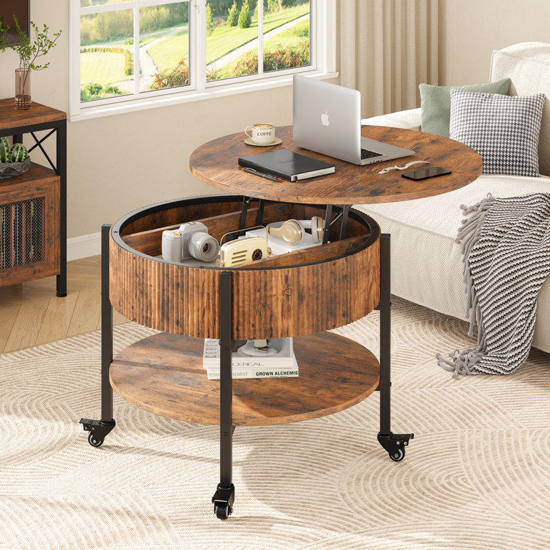 Round Coffee Table With Wheels, Brown