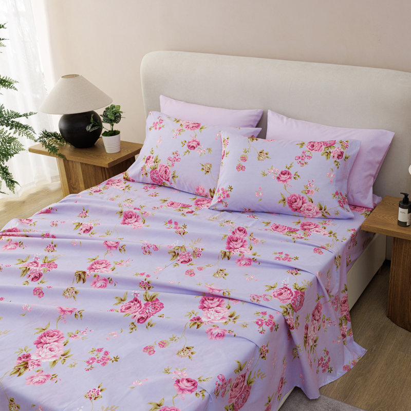Prestige Home Microfiber Floral Fitted Sheet, Queen Sheet Set + 1 Fitted Sheet + 2 Pillowcases
