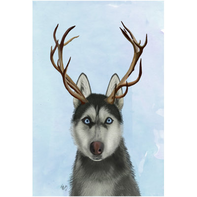 Husky And Antlers by Fab Funky - Wrapped Canvas Painting