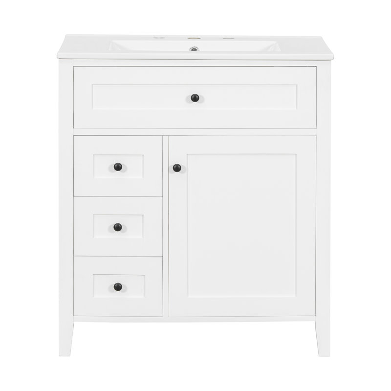 30" Freestanding Single Bathroom Vanity with Ceramic Sink, Soft-Close Doors, 3 Drawers, Adjustable Interior Shelf, Easy Assembly