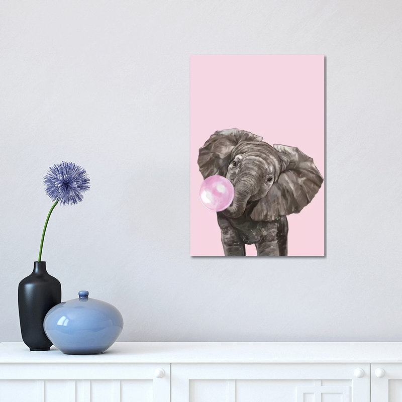 Bubble Gum Elephant In Pink by Big Nose Work - Wrapped Canvas Print, 30.48 cm H x 45.72 cm W