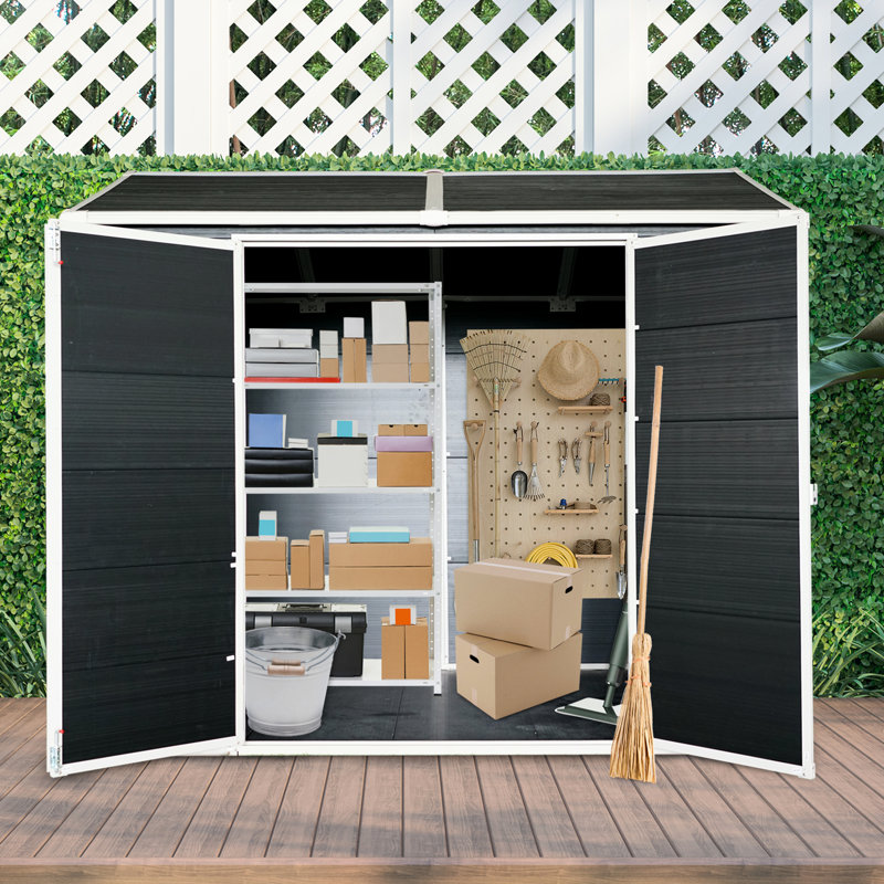 Remise imperméable en résine 8 x 6 pi - avec deux fenêtres, porte et plancher verrouillables pour la cour extérieure noire avec porte, rangement pour fenêtres