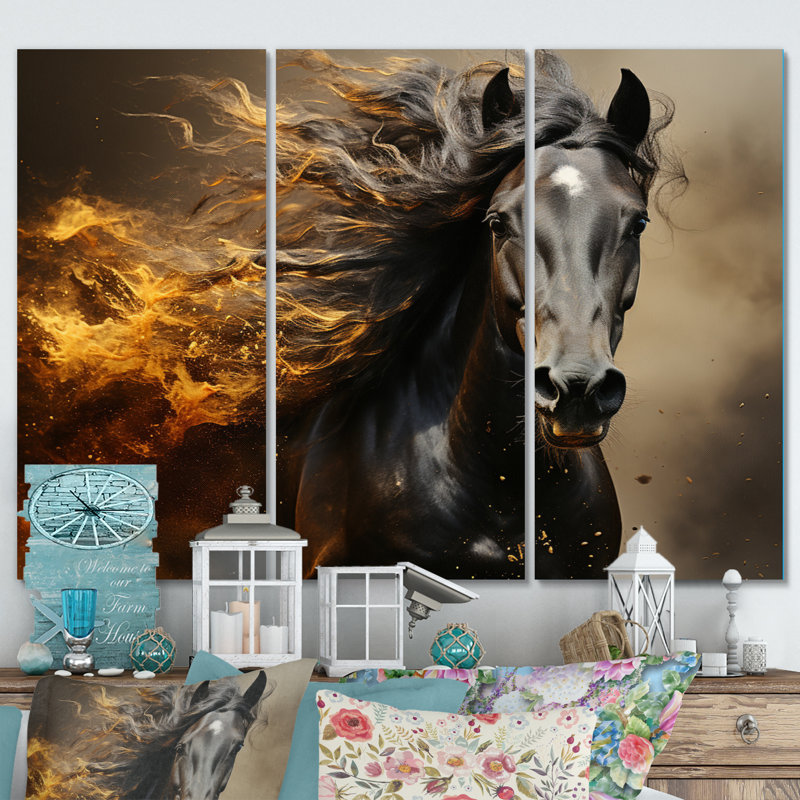«Black Yellow Horse», impression sur toile 3 pièces, H 28 po x l 36 po x P 1 po