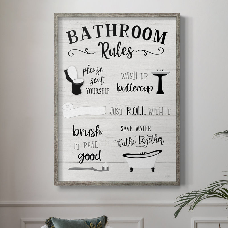 «Rules of the Bathroom», reproduction encadrée - bois massif