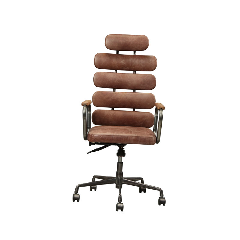 Vintage Office Chair , 360 - Degree Swivel Seat With Adjustable Height  42" 45" , Leather Covered Padded Back And Seat, Metal 5 Star Base Caster Wheels Style, Armchair Function, From 42" 45", Design