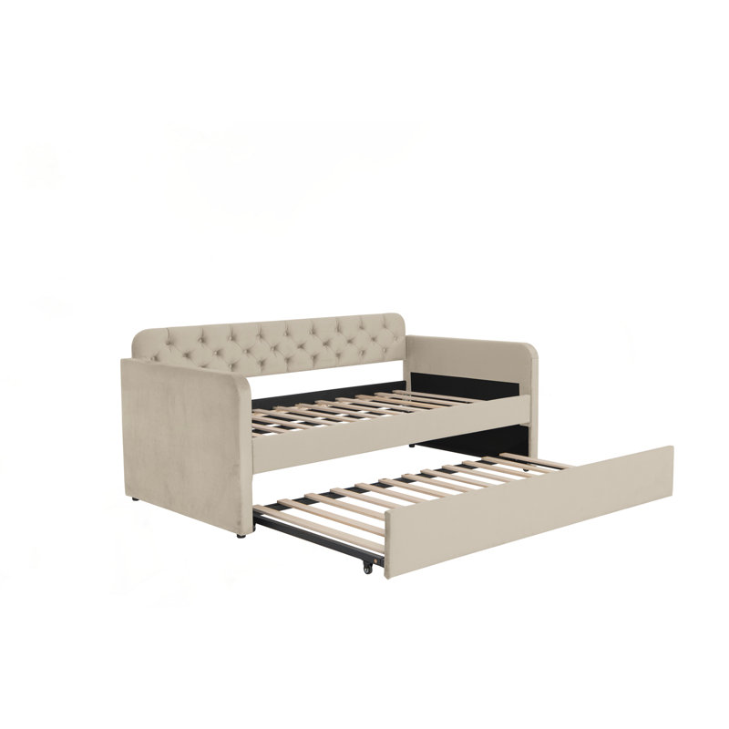 Twin Size Upholstered Daybed with Trundle and USB Charging Design, beige