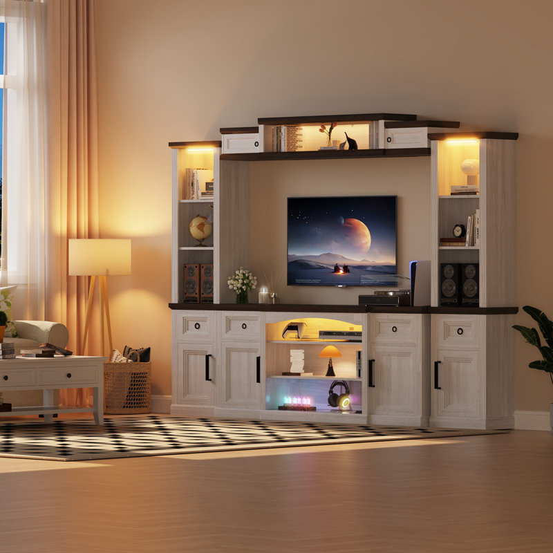 Farmhouse 4-piece Entertainment Wall Unit With Tv Stand, Bookshelf & 70" Floating Cabinet, Adjustable Shelves, European-style Doors, And Motion-sensing Led Lights — Fits Tvs Up To 75" For Modern Living Rooms And Wine Cabinet Display Cabinet