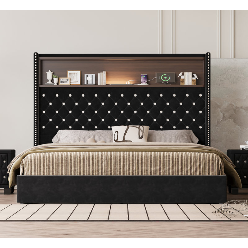 Structure de lit grand format en velours capitonné avec USB et veilleuse, tête de lit 52 po, lit plateforme à oreilles, noir