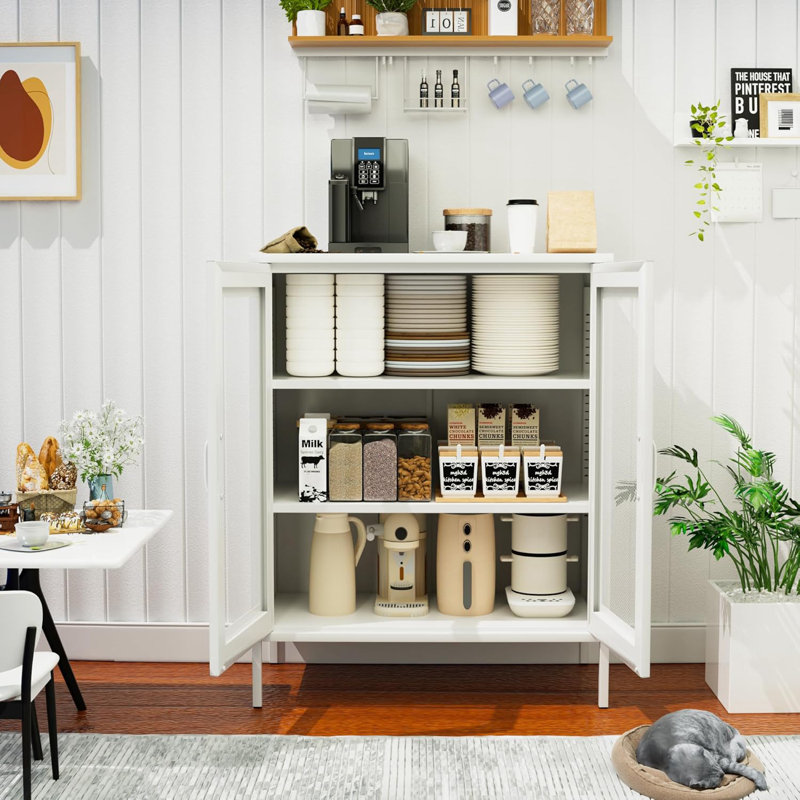 Armoire de rangement en métal avec portes et tablettes en filet, Argent argent, Blanc
