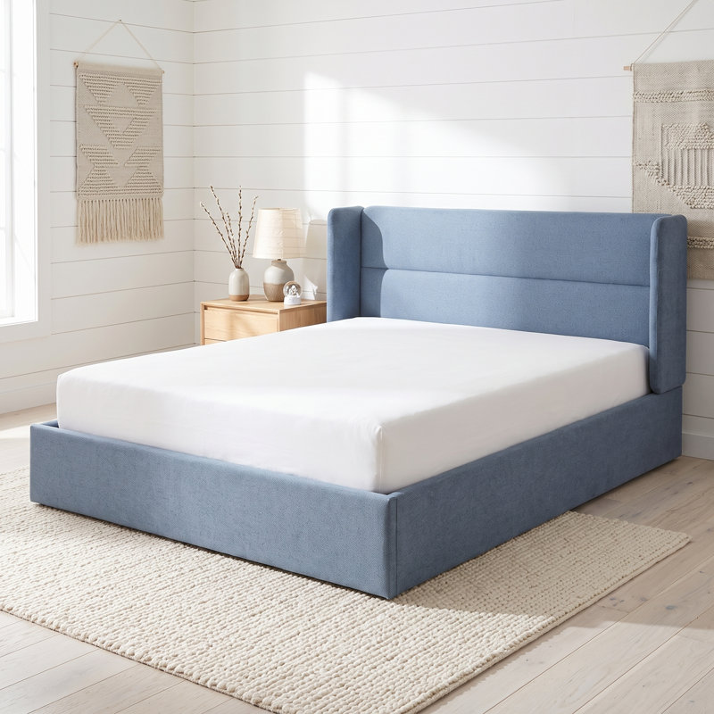 Structure de lit tapissier Annek avec rangement relevable, tête de lit à oreilles de H 40,9 po, lattes de bois et structure en métal, plusieurs tailles et options de tissu disponibles