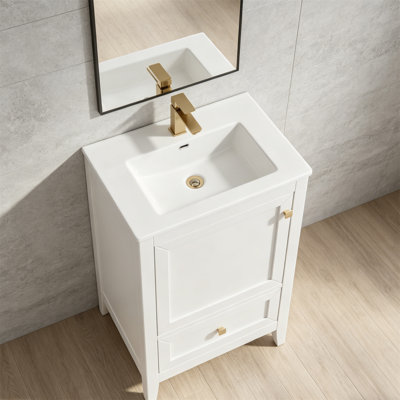 Ensemble de meuble-lavabo de salle de bain avec comptoir en céramique, armoire de rangement multifonctionnelle avec tablettes et tiroirs, fermeture de porte souple, cadre en bois massif