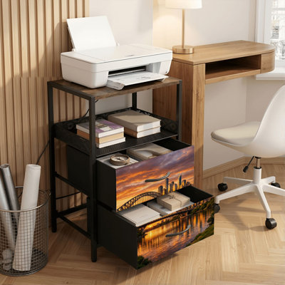 Table de chevet 2 tiroirs avec station de charge, table de chevet de chambre à coucher avec ports USB et prises de courant, tablette de chevet noire, table de chevet avec impression de réflexion sur le pont moderne de Sunset City Skyline