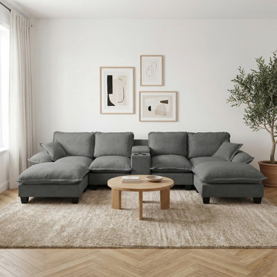 Modular Cloud Couch U-Shape Sailboat Sofa With USB Ports, Cup Holders, Storage Compartments, Two Ottomans, And Two Pillows For Living Room Or Apartment Use.